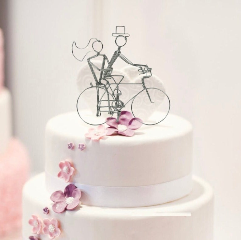 Double Riders Bicycle Wedding Cake Topper with Optional Personalization