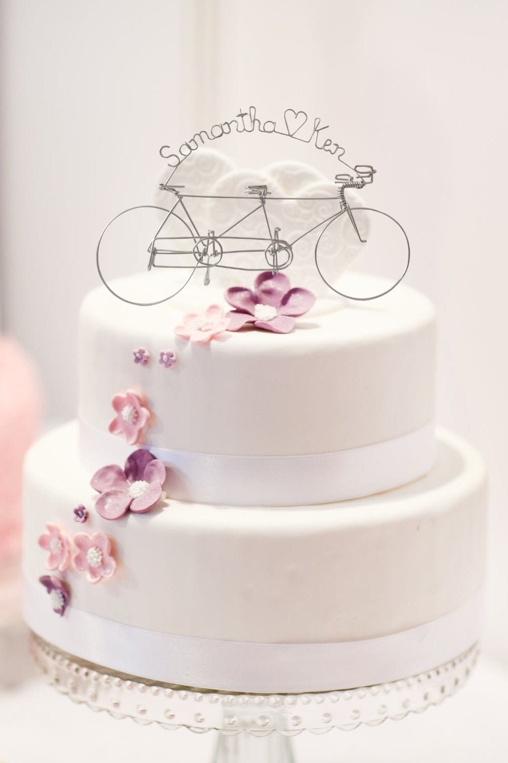 Tandem Bicycle Wedding Cake Topper Personalized with Name above Bicycle
