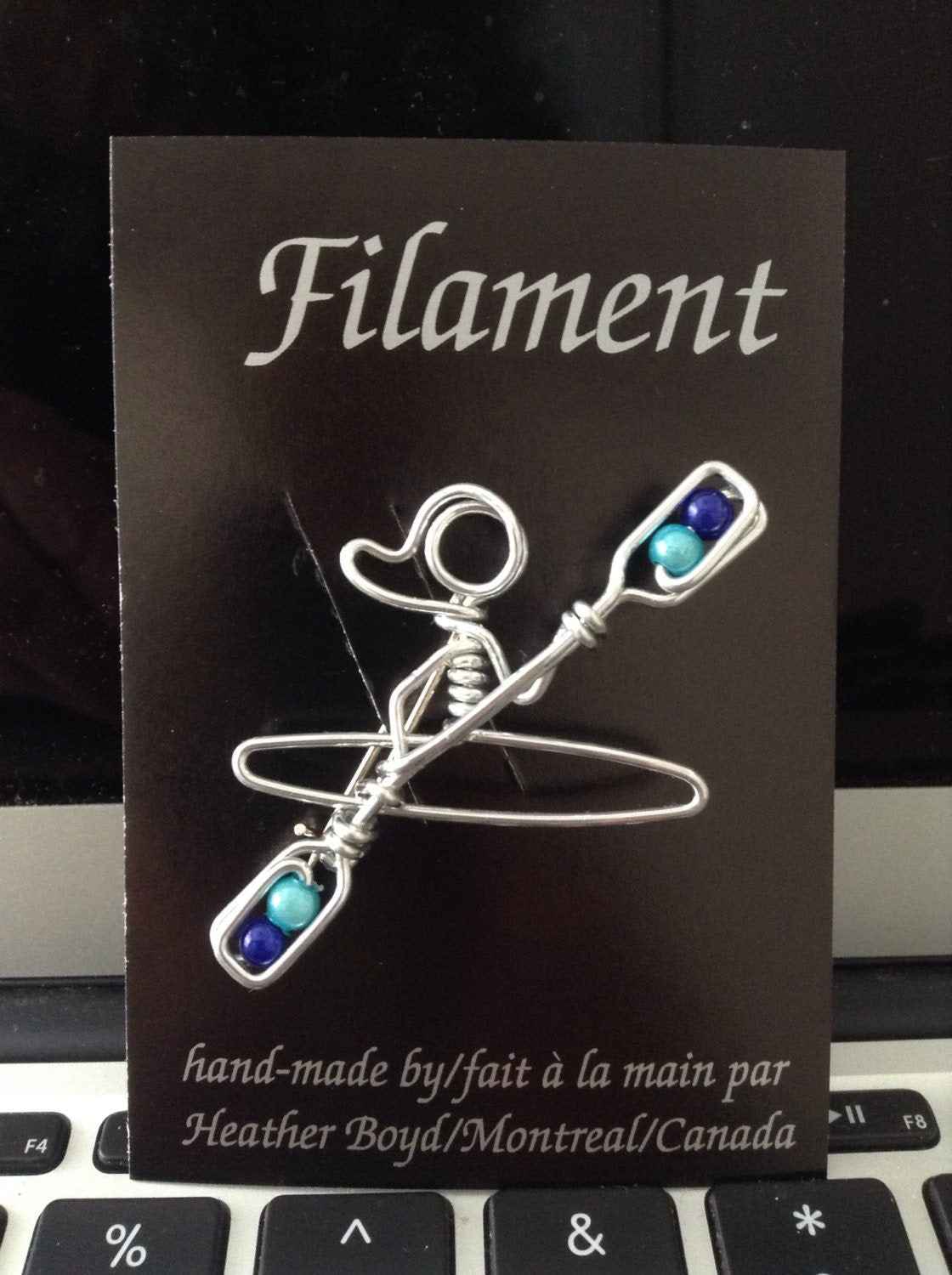 Kayak Brooch with Blue Beads // Gift for Kayakers