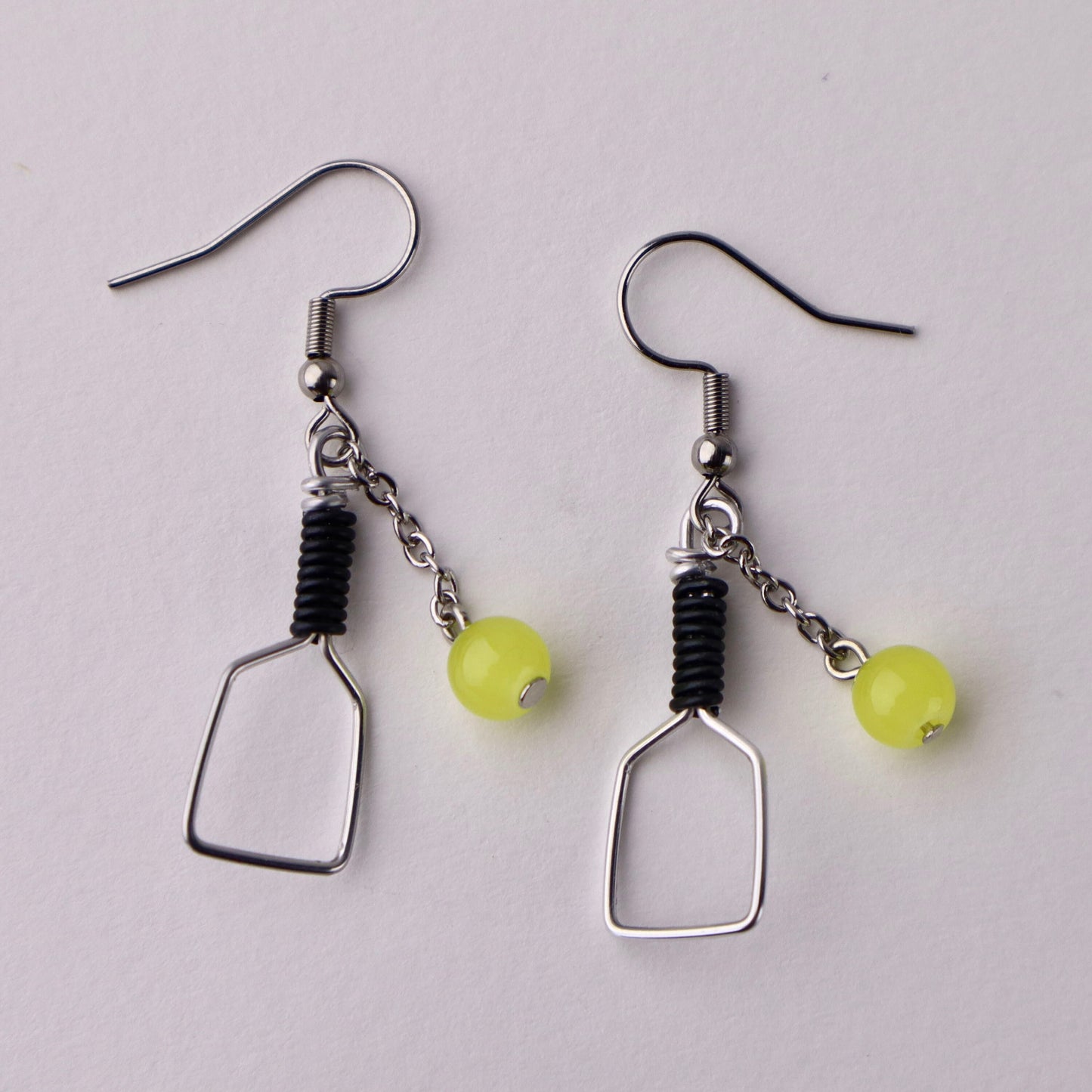Pickleball Paddle Earrings Dangling Wire with Hematite Beads
